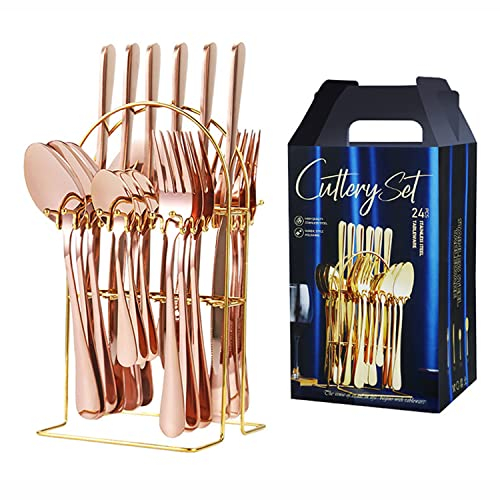 25 Piece Silverware Set - with Stand, Premium Stainless Steel Cutlery Set, Mirror Polish Cutlery Set - Including Knife, Fork and Spoon, Family Kitchen Set for 6 People, Dishwasher Safe (Rose Gold)