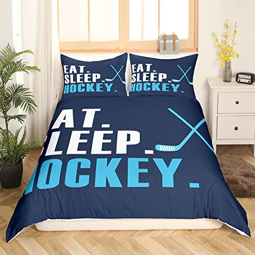 Loussiesd Eishockey Bettwäsche Set Hockey Bettwäsche Set Jungen Sportveranstaltung Bettbezug Blau Weiß Mädchen Frauen Männer Essen Schlaf Hockey Bettwäsche Wintersport Hobby Zimmer Dekor 135x200cm
