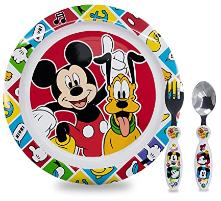 Sorrisini Vajilla Infantil Reutilizable Apta Para Microondas Para Niños y Bebés Mickey Mouse, Juego de Desayuno para la Primera Comida Cubiertos, Tenedor, Cuchara de Acero Inoxidable y Plato, sin BPA