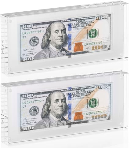 Dollar Bill Frame Display – 7.8 x 3.9 Acrylic Dollar Bill Holder, Thick Magnetic Self-Standing Display Case for Currency, Tickets, Banknotes, and Stamps
