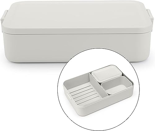 Brabantia - Make & Take Lunch Box Bento (2L) - Removable Compartments for Food Separation - Lid with Clips - Suitable for Freezer - Dishwasher & Microwave Safe - Light Grey - 25.5 x 16.7 x 6.2 cm