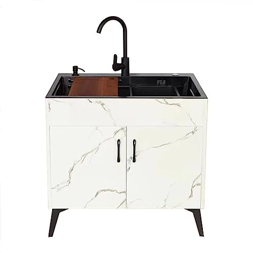 White Kitchen Sink Utility Sink Free Standing Sink Commercial with Drainer Unit and Cold and Hot Water Pipe Faucet for Outdoor Indoor Restaurant Garage Laundry/Utility Room. ( Color : Round Faucet , S