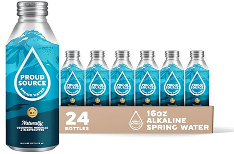 Proud Source Alkaline Spring Water - Rocky Mountain Sourced Mineral Water with Electrolytes, BPA-Free Infinitely Recyclable Aluminum Bottles, Unflavored, 16 Fl Oz (Pack of 24)