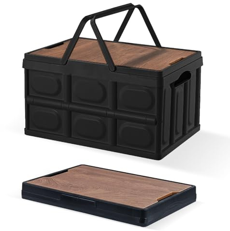 Collapsible Storage Bins Box with Lids and Handle, 30L Portable Plastic Storage Crate Containers Totes, Instacrate Stackable Foldable Camping Basket Supplies for Camp Fishing Car RV, Office (Black)