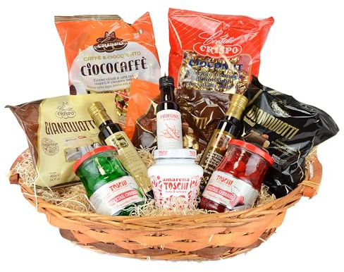CESTO FESTE CON CILIEGIE VERDI E ROSSE CANDITE, AMARENE TOSCHI IN CONTENITORE CERAMICA DECORATO, OLIO AL TARTUFO BIANCO E NERO E OLIO AL PEPERONCINO + SELEZIONE DI CIOCCOLATINI CESTO REGALO