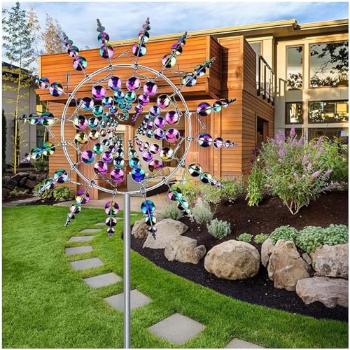 MARMODAY Moulin à vent cinétique 3D unique et magique en métal avec piquet de jardin en métal - Sculpture cinétique magique en métal - Attrape-vent en métal pour décoration de cour et de jardin