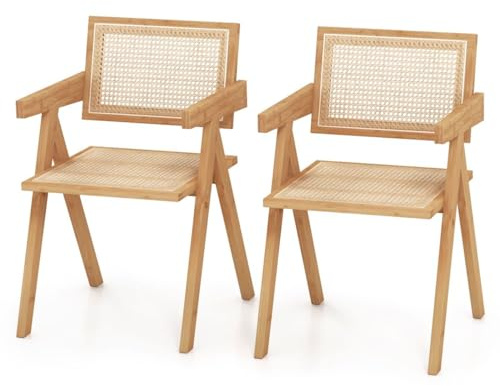 TANGZON Dining Chairs Set of 2, Bamboo Dining Chairs with Rattan Seat and Back, Kitchen Chairs with Armrests, Non-Slip Foot Pads, Retro Side Chairs for Dining Room Living Room Cafe, Natural