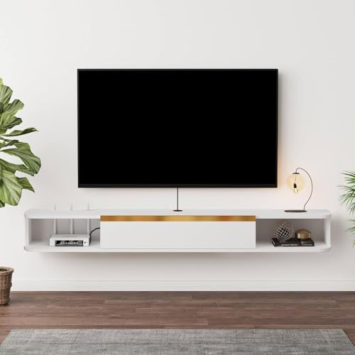 Meuble TV Suspendu,Étagère TV Flottante, Support de Télévision Flottant Fixé au Mur Centre de Console Multimédia de Divertissement Grande Armoire de Rangement pour Bureau à Domicile (120cm, Blanc)