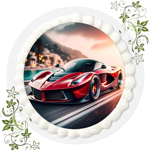 Für den Geburtstag ein Tortenbild, Zuckerbild mit Motiv Ferrari, Essbares Foto für Torten, Tortenbild, Tortenaufleger Ø 20cm FONDANT Muscle Car Nr. 5
