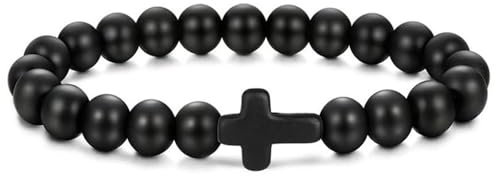 Ticome Black Natural Stone Cross Frosted Bracelet,Fashionable High-End Elastic Rope Yoga Bracelet,Niche Design Matte Essential Item for Trendy Men and Women.