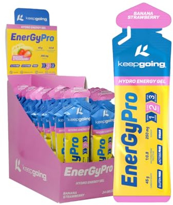 Keepgoing Gel Energético EnergyPro Sabor Fresa Plátano 24 uds x 75g | Energy Gel Ciclismo y Running | Ratio 1:0,8 Maltodextrina: Fructosa
