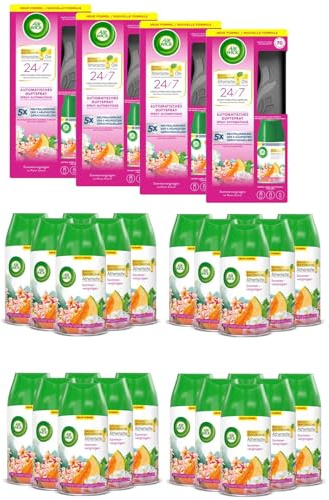 Air Wick Freshmatic Max – Starter-Set mit 4 Geräten und 28 Nachfüller – Batteriebetrieben – Duft: Sommervergnügen – 28 x 250 ml Nachfüller + 4 x Gerät in Schwarz
