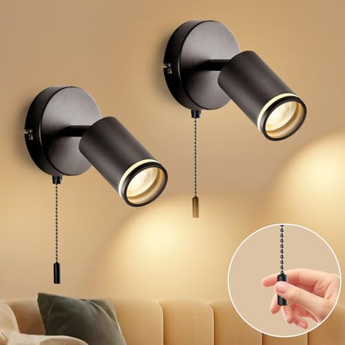 GeyouLux 2 Stücke Wandleuchte mit Schalter - GU10 Wandlampe mit Seilzugschalter Innen Schwarz Led Wandstrahler - Vintage Wandspot Drehbare 350°für Wohnzimmer Schlafzimmer Büro Ohne Glühbirne