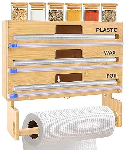 4-in-1 Folienspender aus Kunststoff mit Cutter und Papierhandtuchhalter, Bambus-Kunststofffolie, Taschentuch-Organizer für Folie, Plastikfolie und Papierhandtuch, passend für 30,5 cm große Rolle