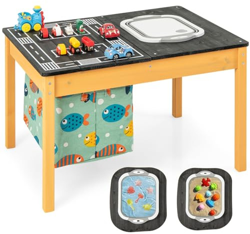 GYMAX 4-in-1 Kids Activity Table, Children Sand and Water Table with Detachable Storage Bag and Foldable Bin, Multifunctional Toddler Play Table for 3-8 Years Old