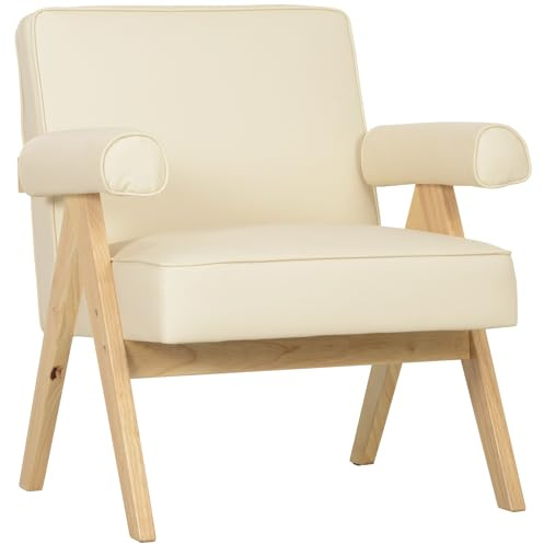 HOMCOM Butaca de Salón Butaca Nórdica Sillón de Salón Tapizado en PU con Reposabrazos y Marco de Madera de Caucho para Dormitorio Carga 120 kg Crema
