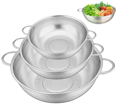 3 Stück Küchensieb, Ø 28cm, 22cm,19cm Siebkorb über, mit Verstärktem Griff, Siebkorb über, Für Nudeln Abtropfen, Gemüse und Obst, Reis, Spülmaschinenfest,Silbrig