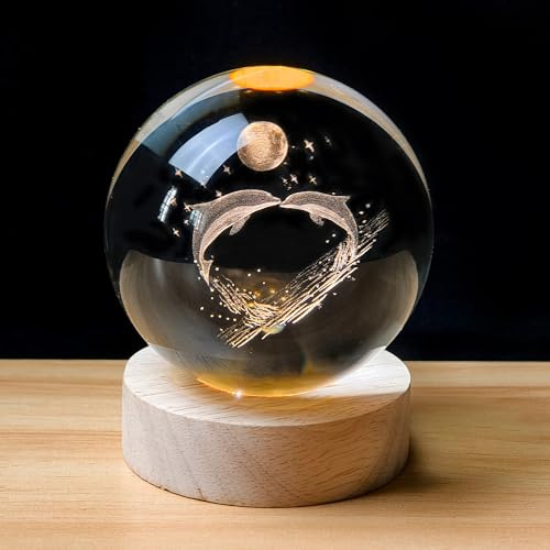 TINGMEIBESTLY Veilleuse boule de cristal 3D, 80 mm, lampe de nuit en forme d'animaux avec base en bois, décorations cadeaux pour hommes, femmes, enfants, garçons, filles, adolescents (dauphin)