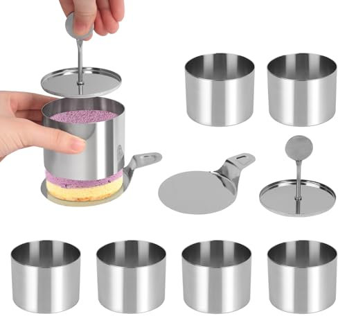 6Pcs Mousse Rings Cake Rings Set with Spatula & Food Press Stainless Steel Dessert Moulds Round Food Rings Mini Cake Rings Molds Crumpet Rings