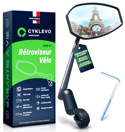 CYKLEVO Rétroviseur Vélo Guidon Universel, Aluminium Noir, Réglable 360°, Compatible VTT VAE VTC Trottinette Électrique, Anti-Chocs (Droit)