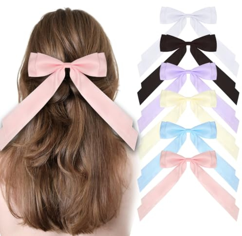 MOTIBACK 6PCS Hair Bows for Women, Bows for Hair Black Hair Ribbons for Girls, Silky Satin French Barrette Clips, Solid Color Hair Claws (Beige/White/Pink/Black/Blue/Purple)