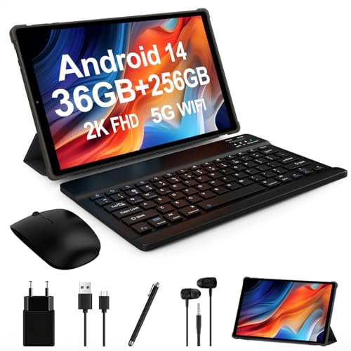 LEVIRTU Tablette 10,3 Pouces Android 14, Octa-Core 2.0 GHz, 2K FHD, 2.4G+5G WiFi, 36GB RAM+256GB ROM (2TB TF), 8000mAh,13MP+8MP, GPS, Bluetooth 5.0, Face ID, Tablette avec Clavier, Souris(Gris)