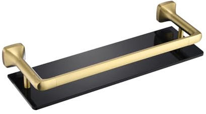 Chiunikoo 16-Inch Bathroom Glass Shelf, Rectangular Floating Shelves, Brushed Gold Wall Organizer with Black Tempered Glass & Safety Railing