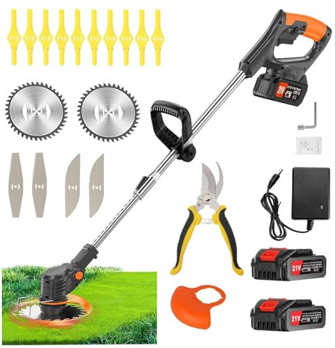 Debroussailleuse Electrique sans Fil 21V 2.0Ah ， 2 Batterie et3 Types De Lames, Coupe Bordure sans Fil avec Batterie ，Debrouissalleuses Batterie Convient pour tondre Les Jardins