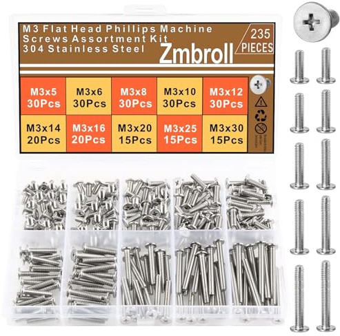 Zmbroll M3 Flat Round Head Screws 304 Stainless Steel Phillips Drive Machine Screws 235Pcs M3x5/6/8/10/12/14/16/20/25/30mm Fully Thread Electricians Screw Hardware Fastener Assortment kit