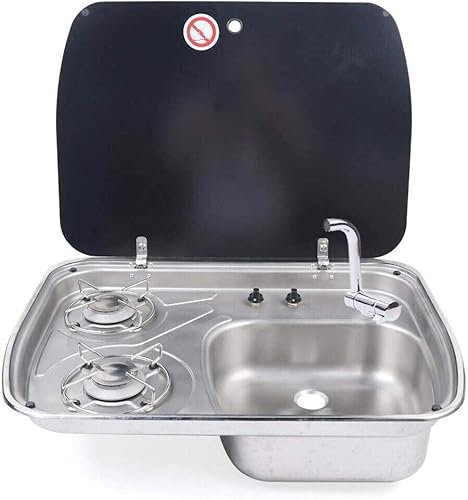 Fornello da campeggio a gas a 2 fuochi e lavello in acciaio inox combinato per camper, camper e roulotte piano cottura a GPL integrato con copertura in vetro per cucinare all'aperto