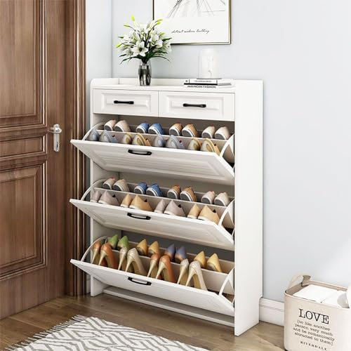 Schrank mit 3 Türen, 2 Schubladen für den Eingangsbereich, weiß, schmal, Schuhaufbewahrung, 4 Etagen, herunterklappbares Regal, Holz, Flur, Wohnzimmer, Haus und Wohnung