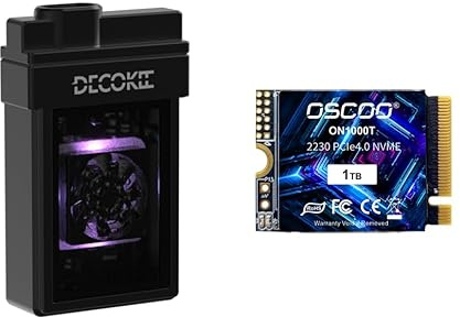 DECOKEE M.2 NVMe SSD Enclosure, USB 3.2 Gen2 Type-C, RGB LED, Active Cooling Fan, Compatible with iPhone 15/16, Steam Deck, PS5, with 1TB SSD (Black)