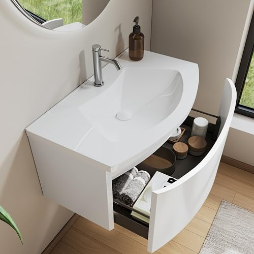 BRIDGE BENO 80 cm Badezimmerschrank Mit Mineralgusswaschbecken - Soft-Close-Schublade, Platzsparend, Ideal Fürs Gäste-Wc, Weiß Matt