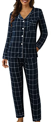 Hausmantel Damen Kariert, Damen Hausanzug 2-Teilig Herbst Winter Pyjama Revers Oberteile Und Hose Lose Schlafanzug Mit Knöpfen Loungewear Bedrucktes Nachtwäsche Langarm Hausanzug Freizeitanzug