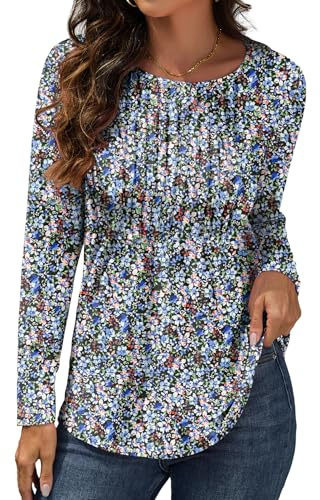 GRECERELLE Camiseta de manga larga con cuello redondo para mujer, estilo casual, plisada, blusa de ajuste regular para mujer, Anémona negra, XXL