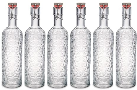 Flaschenland 6 Drahtbügelflaschen 1L in auffallendem Kristall-Design und besonderer Haptik inkl. Bügelverschluss, ideal für den Einsatz in Gastronomie und Haushalt für edle Wasser, Säfte, Liköre