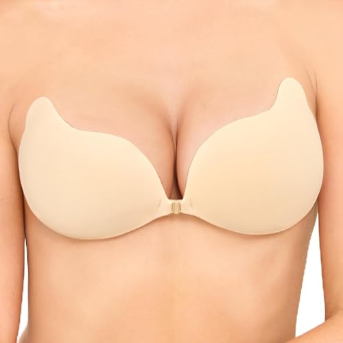 Hioffer Women's Strapless Stick on Bra — Sticky Push Up Invisible Bras for Large Breasts Reusable & Breathable Adhesive Bra for Backless Dresses, Wedding, Party Beige