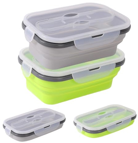 Zyluniy Recipientes de Silicona Plegable Fiambrera con Tapa 2 Piezas Plegable para Almacenamiento Fiambrera Portátil para Picnic al Aire de Alimentos, Microondas, Refrigeradores Seguros, Gris, Verde