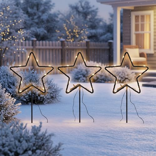 Metall Leuchtstern Gartenstecker 3er Set schwarz 30 LED mit Timer - 21 cm - Weihnachts Beetstecker Soft Gold beleuchtet mit Erdspieß batteriebetrieben - Weihnachten Advent Deko Beleuchtung für Außen