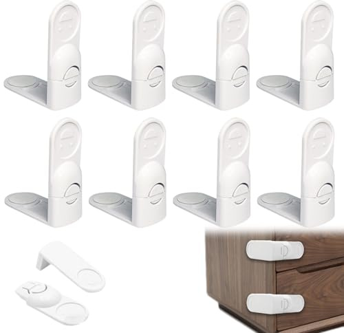YUZHEDM 8 Pièces Securite Placard Enfant Amélioré Blanc Pas D'outil Nécessaire Bloque Porte pour Tiroir, Fours, Toilettes, Réfrigérateur Bloque Tiroir Placards Transparent Loquets et Frigo