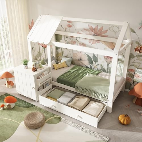 Letto Casetta per Bambini in Legno Massello,con Cassetto Contenitore e Comodino Rimovibile,Design a Casa per Cameretta,Letto Basso Sicuro,Adatto a Camera Bambini e Stanza dei Giochi,Bianco,90x200 cm