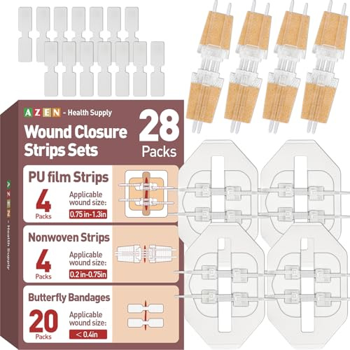 AZEN Wound Closure Strips 28 Pack, Butterfly Bandages, Emergency Laceration Closure Kit, Repair Wounds Without Stitches