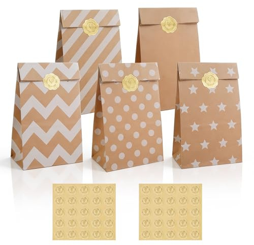 Kleine Geschenktüten mit Aufklebern, 40er Set Braune Papiertüten Kindergeburtstag, 5 klassische Designs, Partytüten mit goldenen Herz-Folienaufklebern für Geburtstage, Hochzeiten & Events