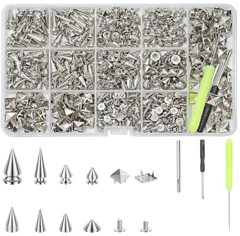 Wisyurt Kit de Clous et Pointes Punk 600 PCS, 8 Tailles de Pointes Coniques et Pyramides Carrées en Métal pour Vêtements.
