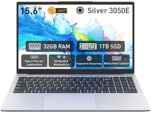 Auusda Laptop 15,6 Zoll, Notebook mit 32GB RAM 1TB SSD, Fingerabdrucksensor, beleuchtete Tastatur, 3050E Prozessor, Ziffernblock, Privacy Kameraabdeckung, leicht & ideal für Büro und Schule