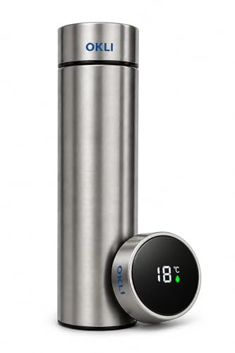 OKLI Smart Temperature Thermos Flask with Tea Infuser, 500ml Stainless Steel Vacuum Insulated Water Bottle, Leakproof Travel Coffee Mug for Tea, Coffee, Hot & Cold Drinks
