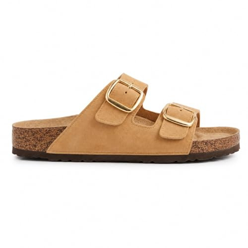 Le Côté Chic | Sandalias Mujer Verano Planas | Doble Hebilla Ajustable Dorada | Suela de Corcho Memory Foam | Piel Sintética Muy Cómodas Camel Mules Sandalia Planas Pala Tipo Birkenstock Cómodas Mujer