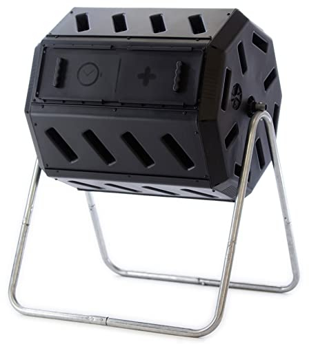 FCMP Outdoor IM4000 Doppelkammer-Komposter, kanadisch hergestellt, 100% recyceltes Harz, drehbarer Kompostbehälter für Garten, Küche und Hofabfall, schwarz, 100% recyceltes Harz