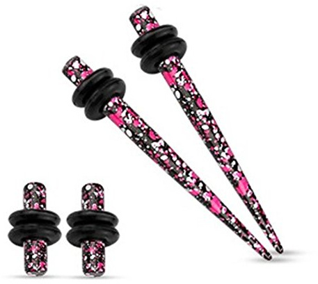 Paula & Fritz® 1 Paar Dehnstäbe Plus 1 Paar Plugs Edelstahl Chirurgenstahl 316L pink und violett gesprenkelt mit Gummiring 8mm – 14mm VPT05