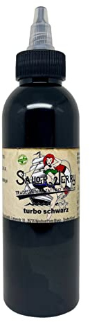Sailor Jerry von Deep Colours. GmbH REACH-konforme Sailor Jerry Tattoofarbe, Turbo Black (Turbo Schwarz), 150 ml. Deutsche Tattootinte, Made in GERMANY. Mit Zertifikat. Deutsche Tätowierfarbe, Tatto